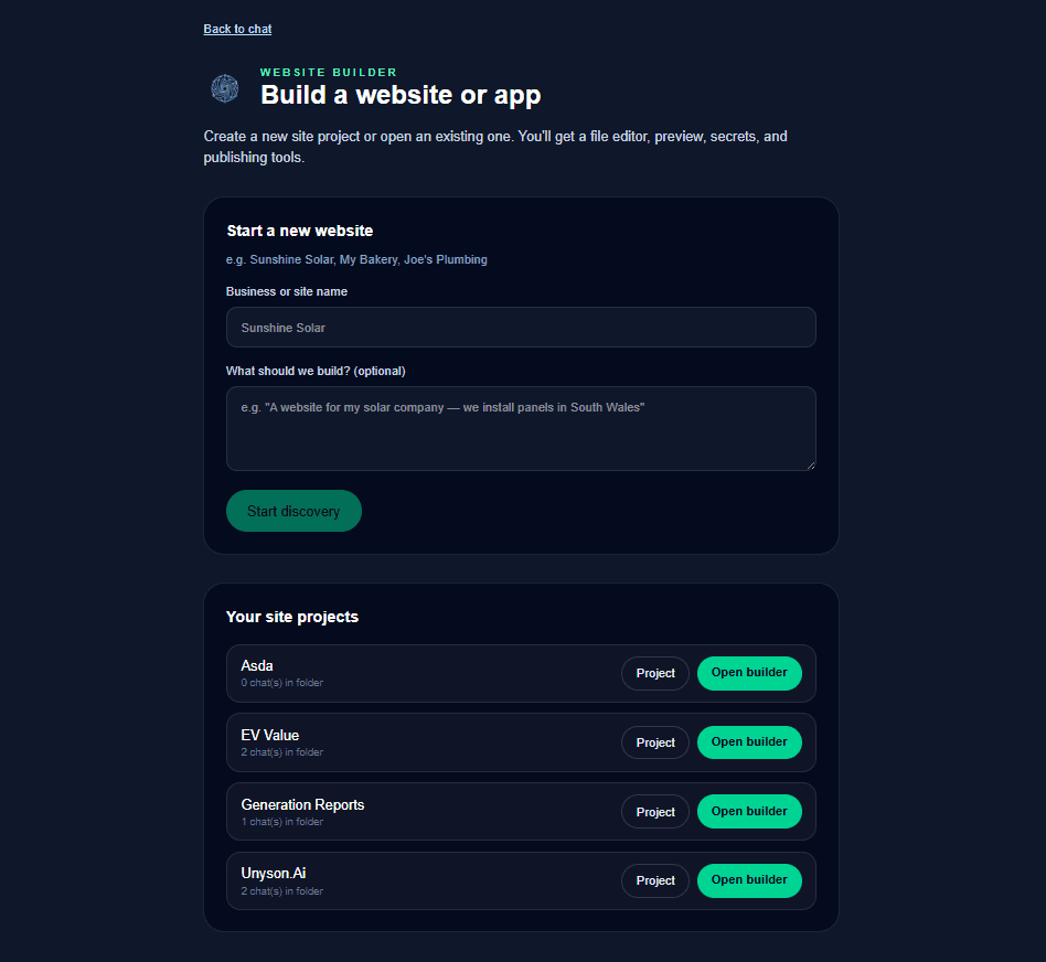 Pettifer Works website builder dashboard showing the Unyson.AI project