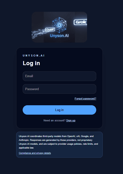 Unyson.AI login page with email and password fields, signup link, and compliance disclaimer